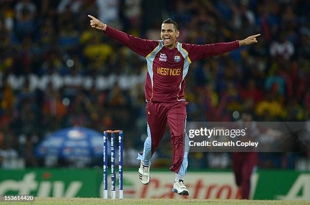 Sunil Narine of the West Indies celebrates dismissing Sri Lanka captain Mahela Jayawardene during the ICC World Twenty20 2012 Final between Sri Lanka...