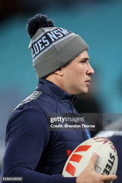 Mitchell Moses of the Blues looks on ahead of game three of the State of Origin series between New South Wales Blues and Queensland Maroons at Accor...