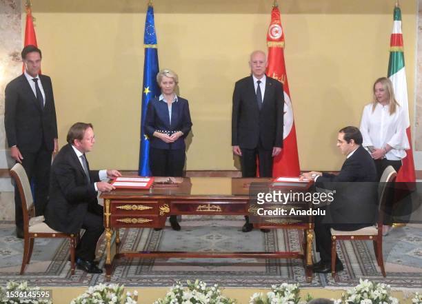 Tunisian President Kais Saied , Prime Minister of Italy Giorgia Meloni , President of European Commission Ursula von der Leyen , Prime Minister of...