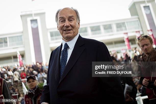 International business magnate and racehorse owner and breeder Prince Aga Khan is pictured prior to the 91st edition of the Prix De L'Arc De Triomphe...