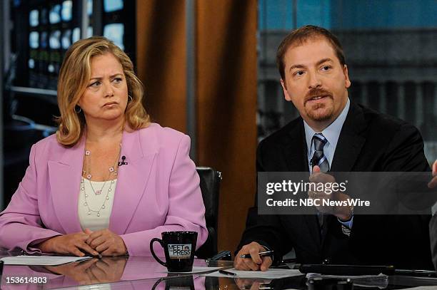 Pictured: – Hilary Rosen, Democratic Strategist, left, and Chuck Todd, Political Director,NBC, right, appear on "Meet the Press" in Washington D.C.,...