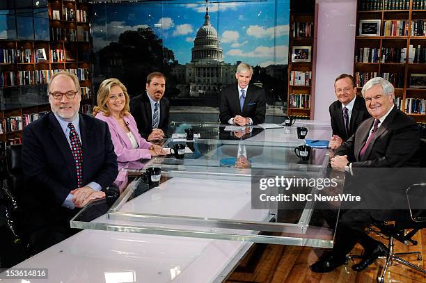 Pictured: – Mike Murphy, Republican Strategist, Hilary Rosen, Democratic Strategist, Chuck Todd, Political Director,NBC, moderator David Gregory,...