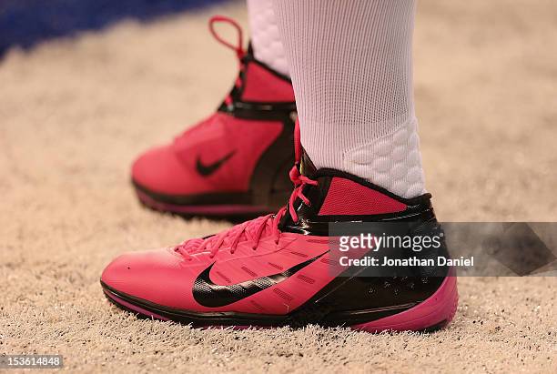 Raji of the Green Bay Packers wears pink shoes for breast cancer awareness before a game against the Indianapolis Colts at Lucas Oil Stadium on...