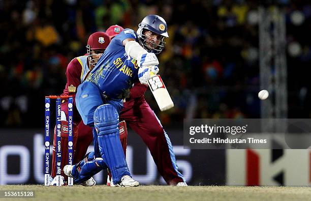 Sri Lankan batsman Kumar Sangakkara bats during the ICC World T20 cricket Final between Sri Lanka and West Indies at R. Premadasa Stadium on October...