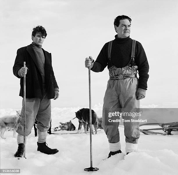 Actors Kenneth Branagh and Matt Day in Greenland during location filming for the TV serial 'Shackleton', directed by Charles Sturridge, April 2001....