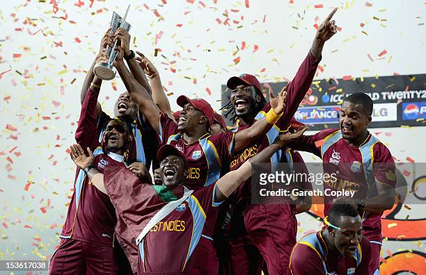 West Indies team with the trophy after winning the ICC World Twenty20 2012 Final between Sri Lanka and the West Indies at R. Premadasa Stadium on...