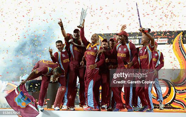 West Indies team with the trophy after winning the ICC World Twenty20 2012 Final between Sri Lanka and the West Indies at R. Premadasa Stadium on...