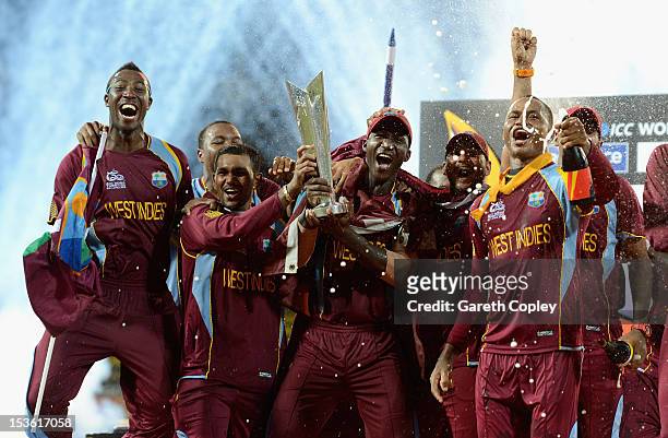 West Indies team with the trophy after winning the ICC World Twenty20 2012 Final between Sri Lanka and the West Indies at R. Premadasa Stadium on...