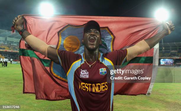 West Indies captain Darren Sammy celebrates winning the ICC World Twenty20 2012 Final between Sri Lanka and the West Indies at R. Premadasa Stadium...