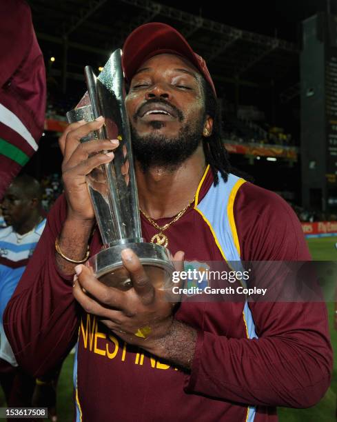 Chris Gayle of the West Indies celebrates with the trophy after winning the ICC World Twenty20 2012 Final between Sri Lanka and the West Indies at R....