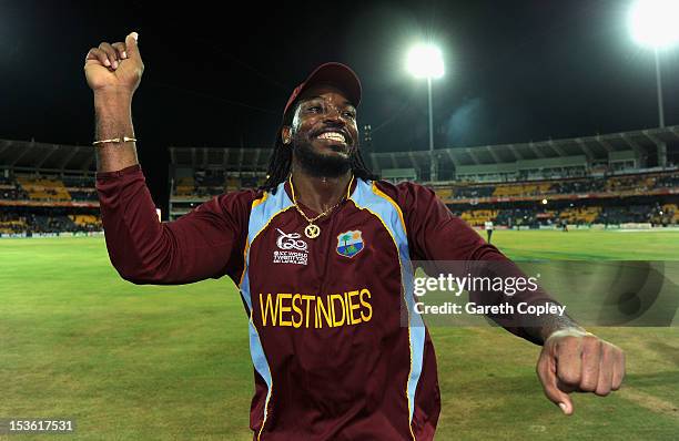 Chris Gayle of the West Indies celebrates with the trophy after winning the ICC World Twenty20 2012 Final between Sri Lanka and the West Indies at R....