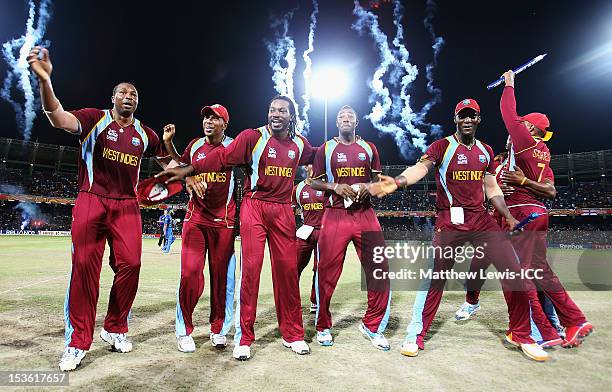 West Indies celebrate winning the ICC World Twenty20 2012 Final between Sri Lanka and West Indies at R. Premadasa Stadium on October 7, 2012 in...