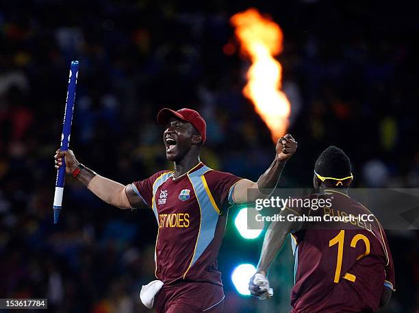 Darren Sammy captain of West Indies celebrates after defeating Sri Lanka in the ICC World Twenty20 2012 Final between Sri Lanka and West Indies at R....