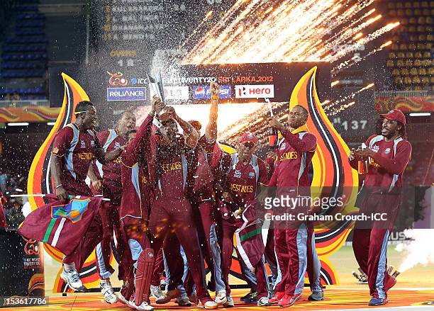 The West Indies celebrate after defeating Sri Lanka in the ICC World Twenty20 2012 Final between Sri Lanka and West Indies at R. Premadasa Stadium on...