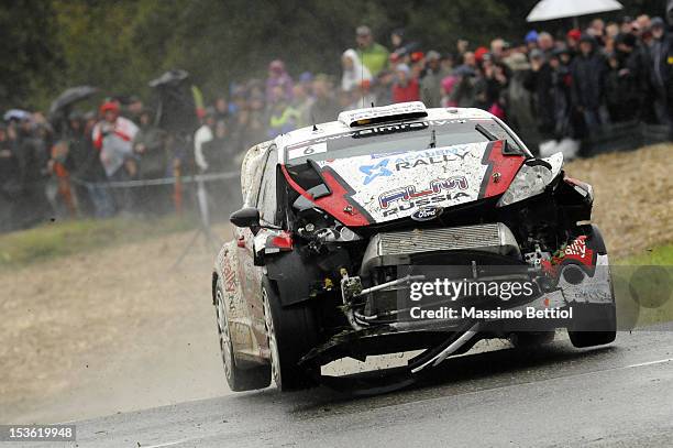 Evgeny Novikov of Russia and Ilka Minor of Austria compete in their damaged M-Sport Ford WRT Ford Fiesta RS WRC during Day Three of the WRC France on...