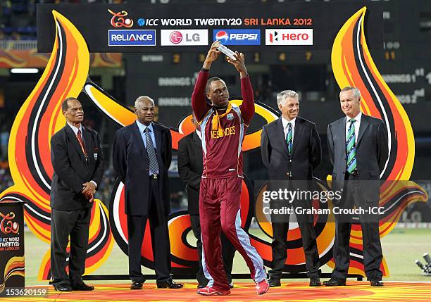 Man of the match Marlon Samuels of West Indies celebrates after defeating Sri Lanka in the ICC World Twenty20 2012 Final between Sri Lanka and West...