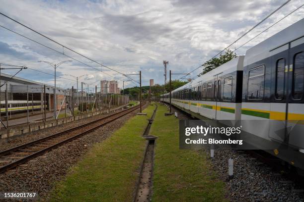 Medellin Metro train travels along tracks in Medellin, Colombia, Friday, July 14, 2023. The city of Medellin is modernizing their fleet of first...