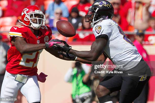 Javier Arenas of the Kansas City Chiefs breaks up a pass to Anquan Boldin of the Baltimore Ravens late in the second quarter on October 07, 2012 at...