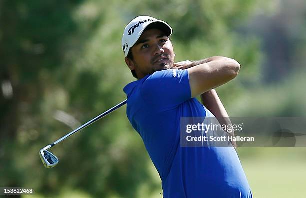 Jason Day of Australia hits his second shot on the ninth hole during the final round of the Justin Timberlake Shriners Hospitals for Children Open at...