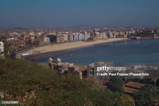 View from Malabar Hill of buildings overlooking Marine Drive Beach and Back Bay in the city of Bombay in Maharashtra state of western India circa...