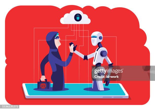 ilustrações, clipart, desenhos animados e ícones de golpista e robô dando high five no smartphone - crime de computação