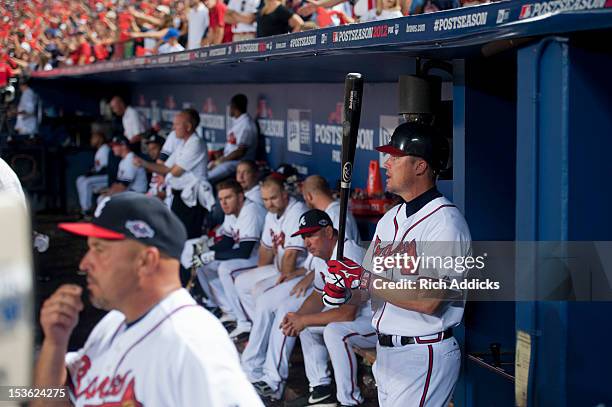 Chipper Jones of the Atlanta Braves gets ready for his last Major League Baseball at bat during the National League Wild Card Game against the St....