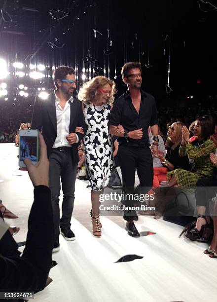 Google co-founder Sergey Brin, and designers Diane Von Furstenberg and Yvan Mispelaere walk the runway at the Diane Von Furstenberg Spring 2013...