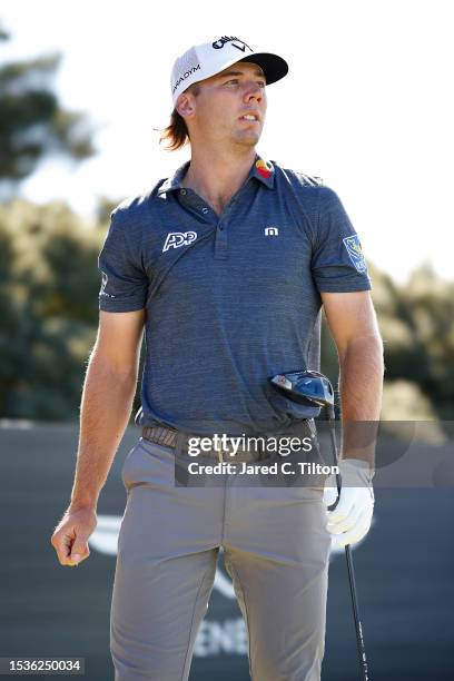 Sam Burns of the United States looks on from the 5th tee during the Pro-Am prior to the Genesis Scottish Open at The Renaissance Club on July 12,...