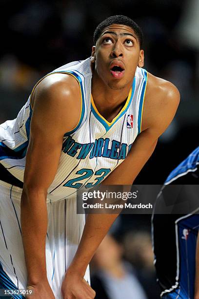 Anthony Davis of the New Orleans Hornets waits to resume action against the Orlando Magic during the pre-season NBA Mexico Game 2012 presented by...