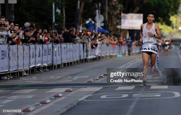 Jesus Nava Aguila, men's category, arrives at the finish line to take first place with a time of 1h 05m 58s during the BBVA Mexico City Half...