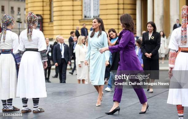 First Lady of Croatia Sanja Music Milanovic and Queen of Spain Her Majesty Letizia watching the performance of folklore groups in front of the...