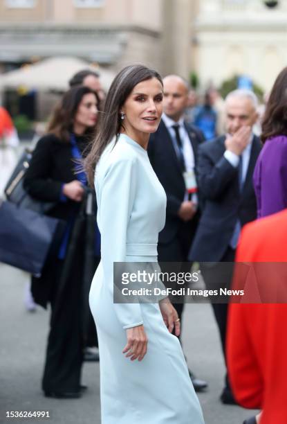 Queen of Spain Her Majesty Letizia seen in front of the building of the Croatian National Theater. A cultural program was held in front of the...
