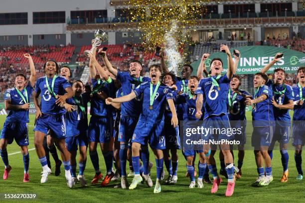 Italy celebrate winning the 2023 UEFA European Under-19 Championship by beating Portugal 1-0 in the final soccer match between the two teams at the...