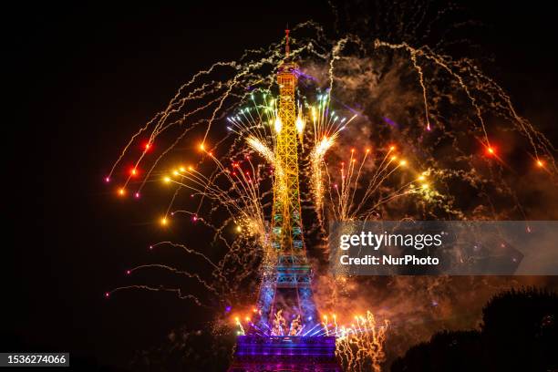 The annual celebrations of Bastille Day at the Eiffel Tower with monumental fireworks display and a classical music concert, in Paris, France, on...