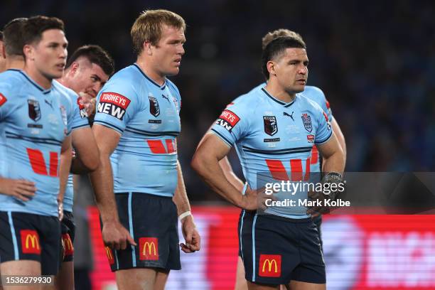 Cody Walker of the Blues reacts after a Maroons try during game three of the State of Origin series between New South Wales Blues and Queensland...