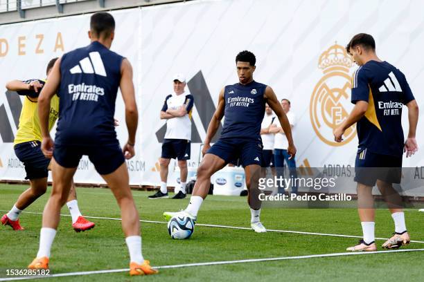 Jude Bellingham, Brahim Diaz an Lucaz Vazquez players of Real Madrid are training at Valdebebas training ground on July 12, 2023 in Madrid, Spain.