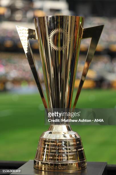 The CONCACAF Gold Cup Trophy during the Concacaf Gold Cup final match between Mexico and Panama at SoFi Stadium on July 16, 2023 in Inglewood,...