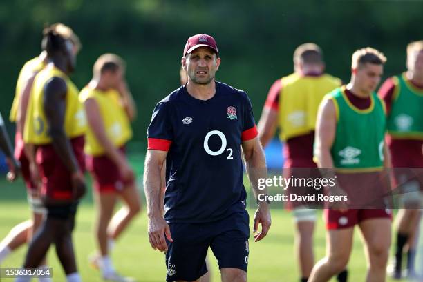 Tony Roques, the England contact and skill coach, looks on during the England training session held at the Payanini Center on July 11, 2023 in...