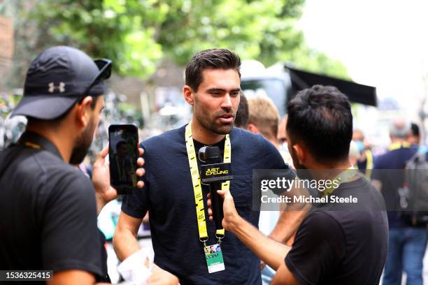 Tom Dumoulin of Netherlands ex pro rider meets the media press at start prior to the stage eleven of the 110th Tour de France 2023 a 179.8km from...
