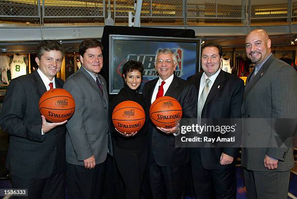 John Sutcliffe, Jessi Losada, Claudia Trejos, NBA Commissioner David Stern, Andres Cantor and Edgar Lopez pose during the NBA's partnership launch...