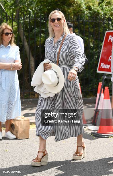 Zara Tindall attends day ten of the Wimbledon Tennis Championships at the All England Lawn Tennis and Croquet Club on July 12, 2023 in London,...