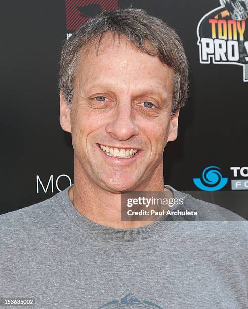 Pro Skateboarder Tony Hawk attends the 9th annual Stand Up For Skateparks benefit at Ron Burkle’s Green Acres Estate on October 7, 2012 in Beverly...