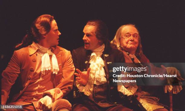 Matthew N. Ashford as Thomas Jefferson; John Hillner as John Adams; and Jay Garner as Benjamin Franklin perform in TUTS production of '1776'....