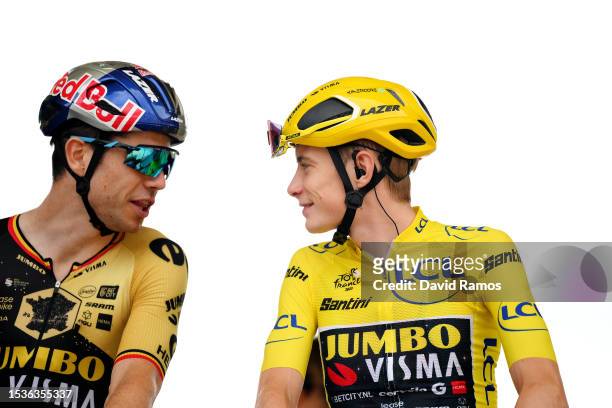 Wout Van Aert of Belgium and Jonas Vingegaard of Denmark and Team Jumbo-Visma - Yellow Leader Jersey prior to the stage eleven of the 110th Tour de...
