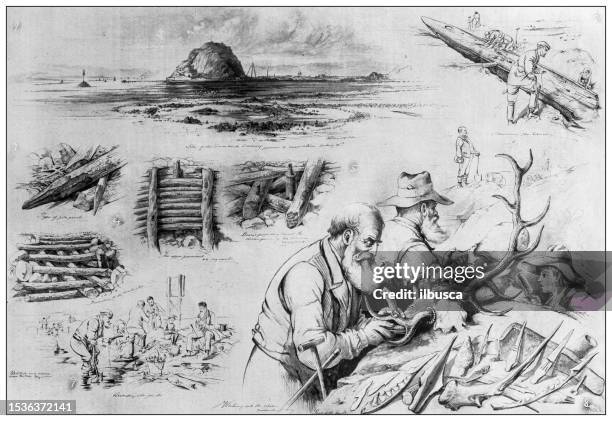 ilustraciones, imágenes clip art, dibujos animados e iconos de stock de imagen antigua de la revista británica: lake dwelling on the clyde, bocetos de la excavación - arqueólogo