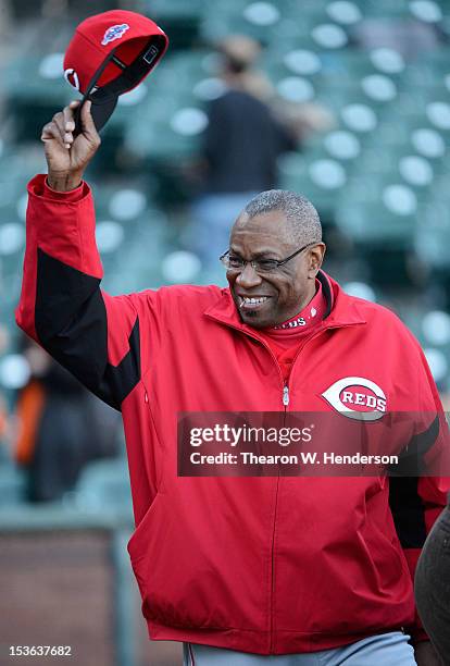 Cincinnati Reds Manager Dusty Baker looks on during batting practice for Game Two of the National League Division Series against the San Francisco...