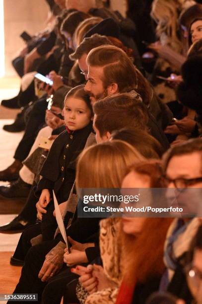 Front row at the Victoria Beckham show during New York Fashion Week Autumn/Winter 2016/17, David Beckham watches with his children at The Cunard...