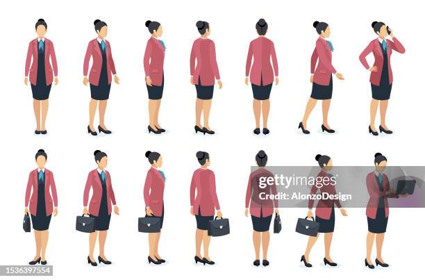 ilustrações de stock, clip art, desenhos animados e ícones de businesswoman character poses set. front side and back view of office worker woman. set of businesswoman character design. different poses design. - business woman desk stand