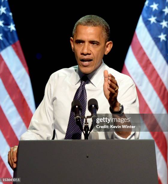 President Barack Obama speaks at the "30 Days To Victory" fundraising concert at the Nokia Theater L.A. Live on October 7, 2012 in Los Angeles,...