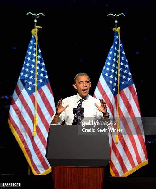 President Barack Obama speaks at the "30 Days To Victory" fundraising concert at the Nokia Theater L.A. Live on October 7, 2012 in Los Angeles,...